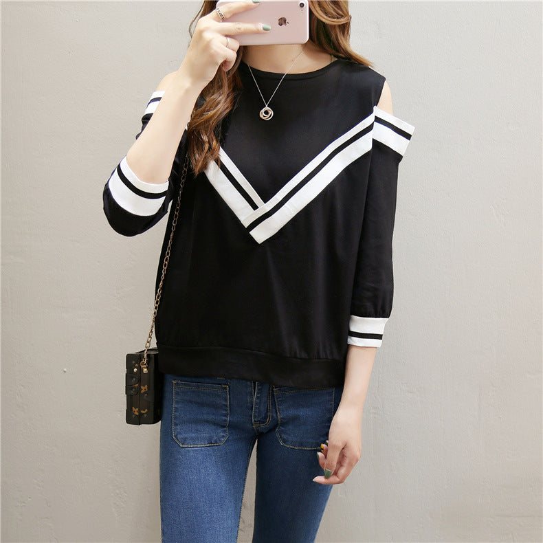 Spring And Autumn T-shirt Women's 7-point Sleeve Off-shoulder Long-sleeved Top