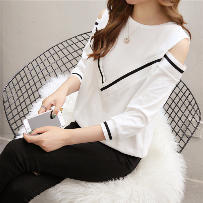 Spring And Autumn T-shirt Women's 7-point Sleeve Off-shoulder Long-sleeved Top