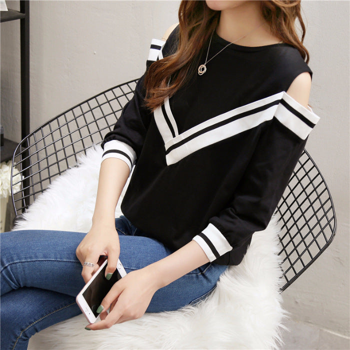 Spring And Autumn T-shirt Women's 7-point Sleeve Off-shoulder Long-sleeved Top