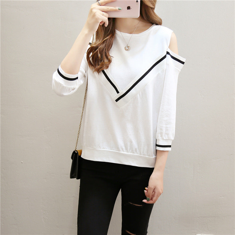 Spring And Autumn T-shirt Women's 7-point Sleeve Off-shoulder Long-sleeved Top