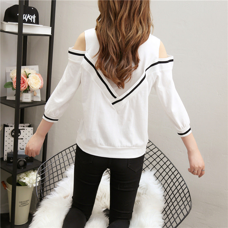 Spring And Autumn T-shirt Women's 7-point Sleeve Off-shoulder Long-sleeved Top