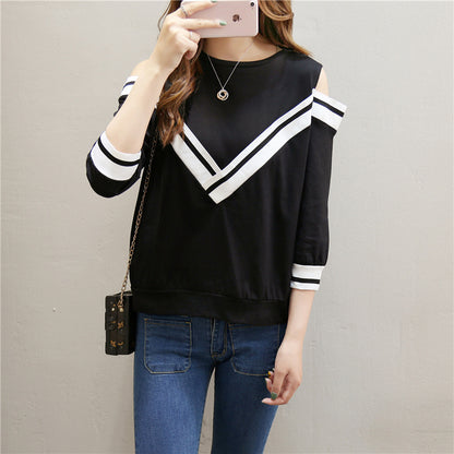 Spring And Autumn T-shirt Women&#039;s 7-point Sleeve Off-shoulder Long-sleeved Top