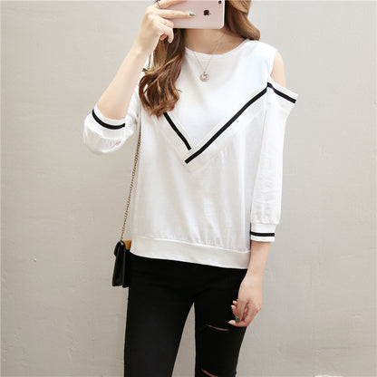 Spring And Autumn T-shirt Women&#039;s 7-point Sleeve Off-shoulder Long-sleeved Top