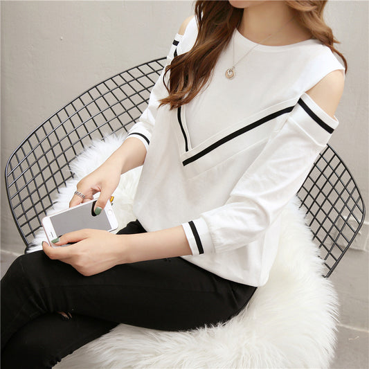 Spring And Autumn T-shirt Women&#039;s 7-point Sleeve Off-shoulder Long-sleeved Top