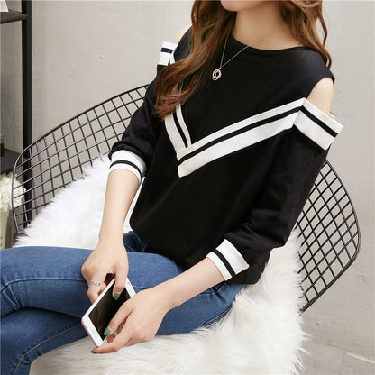 Spring And Autumn T-shirt Women&#039;s 7-point Sleeve Off-shoulder Long-sleeved Top